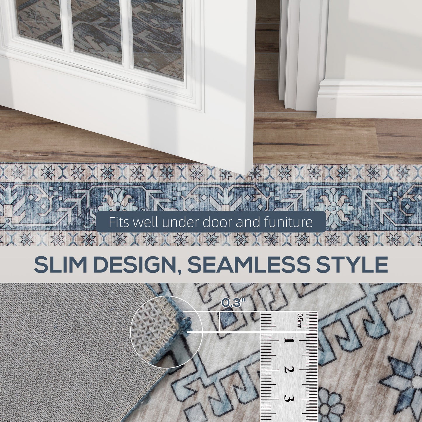 5x7 Area Rug, Vintage Washable Rug, Non-Slip Floor Carpet for Living Room, Bedroom, Dining Room, Blue