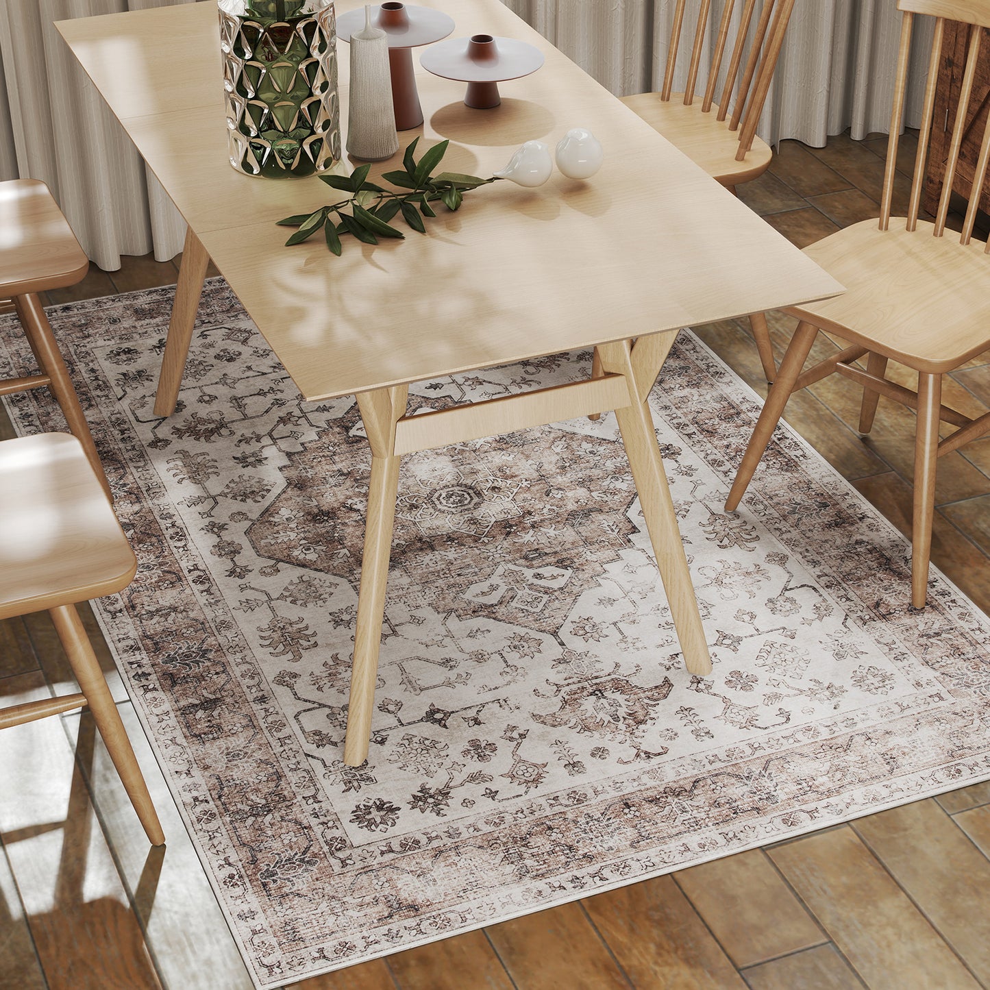 4x6 Area Rug, Vintage Machine Washable Rug, Non-Slip Floor Carpet for Living Room, Bedroom, Dining Room, Tan