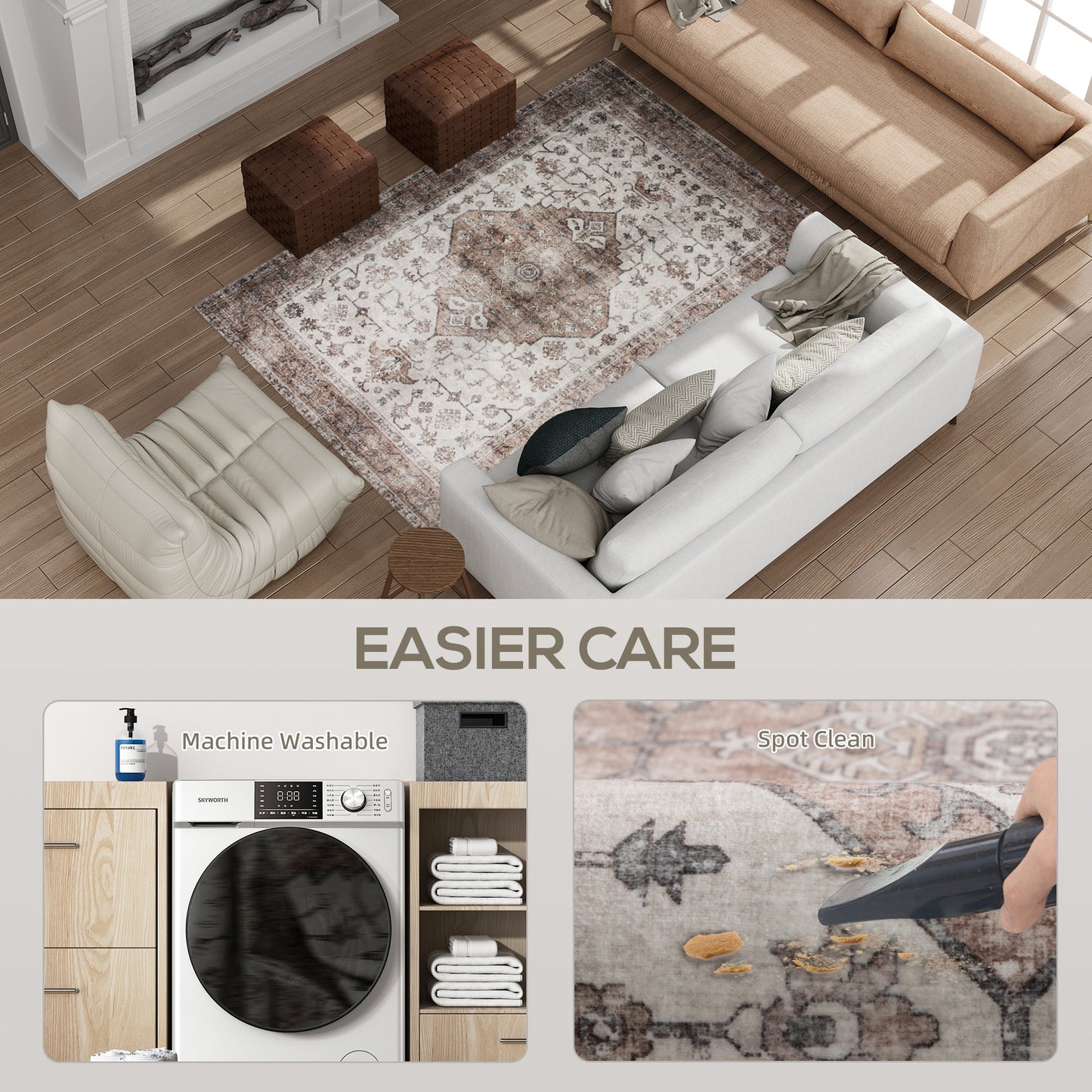 4x6 Area Rug, Vintage Machine Washable Rug, Non-Slip Floor Carpet for Living Room, Bedroom, Dining Room, Tan