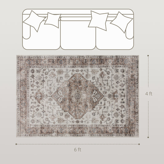 4x6 Area Rug, Vintage Machine Washable Rug, Non-Slip Floor Carpet for Living Room, Bedroom, Dining Room, Tan