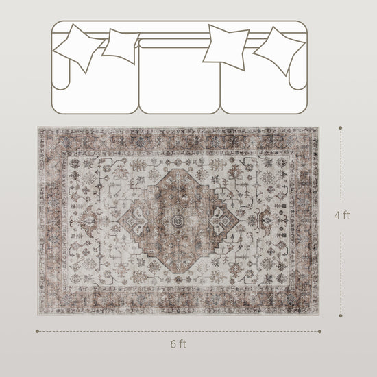 4x6 Area Rug, Vintage Machine Washable Rug, Non-Slip Floor Carpet for Living Room, Bedroom, Dining Room, Tan