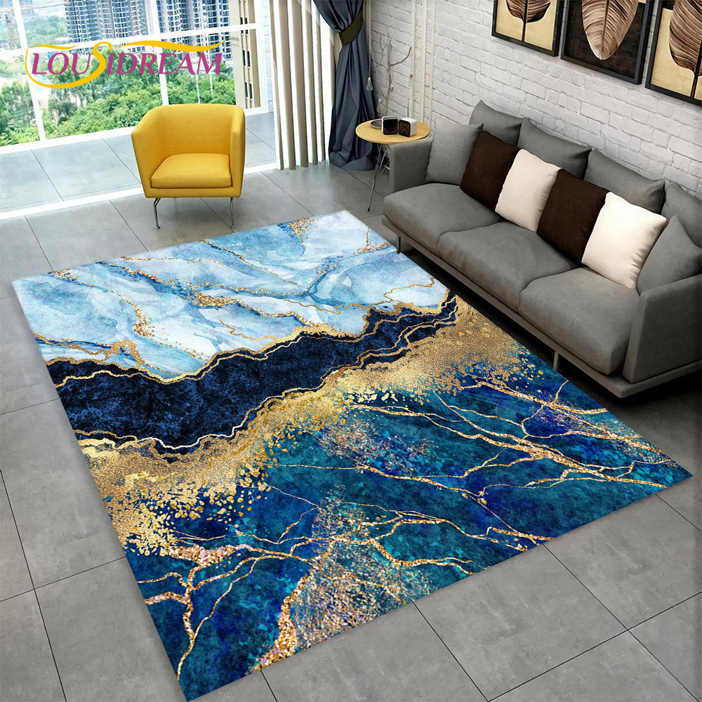 Scandinavian Blue Gold Marble Geometric Area Carpet