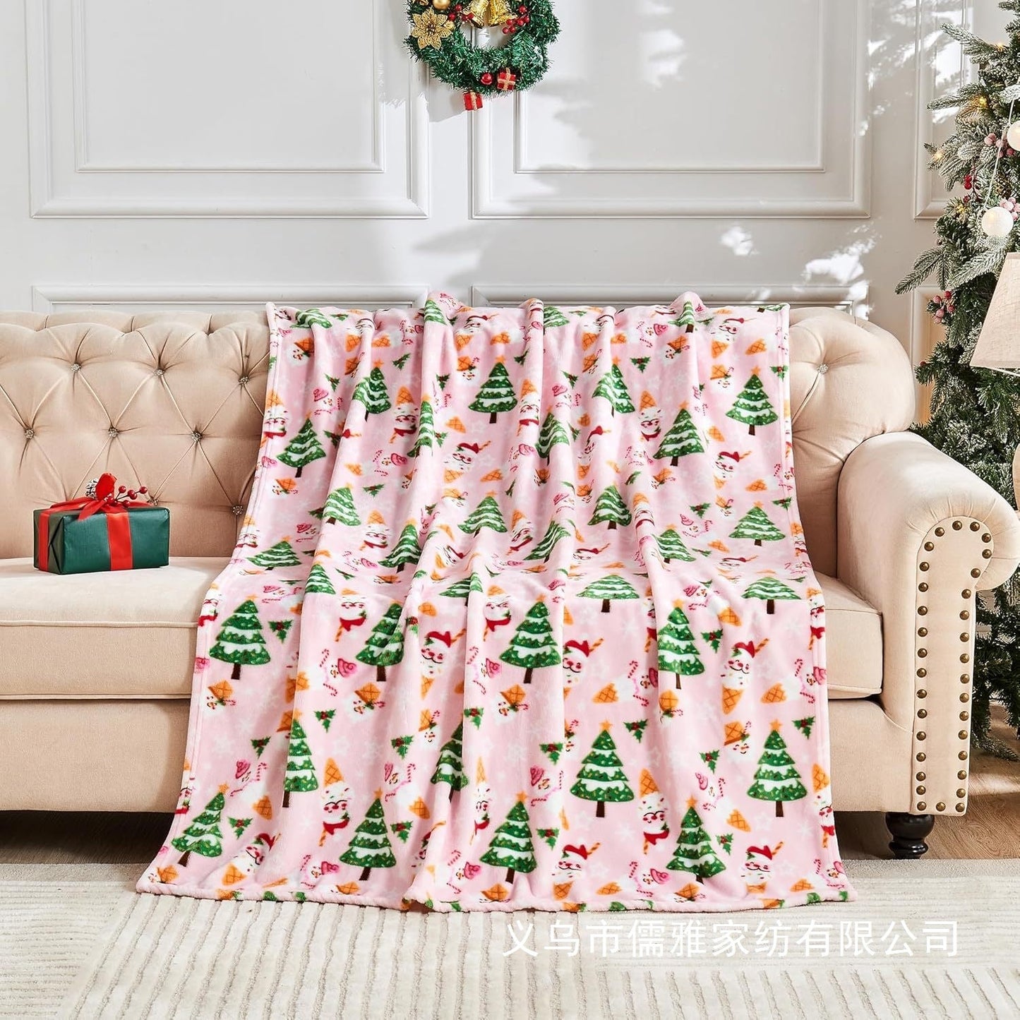 Flannel Christmas Blanket Soft Pink Blanket Christmas Theme Printed Home Living Room Bedroom Sofa Cover Blanket