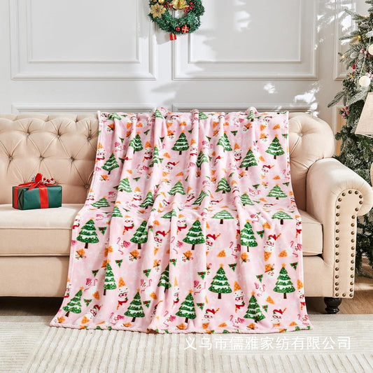 Flannel Christmas Blanket Soft Pink Blanket Christmas Theme Printed Home Living Room Bedroom Sofa Cover Blanket