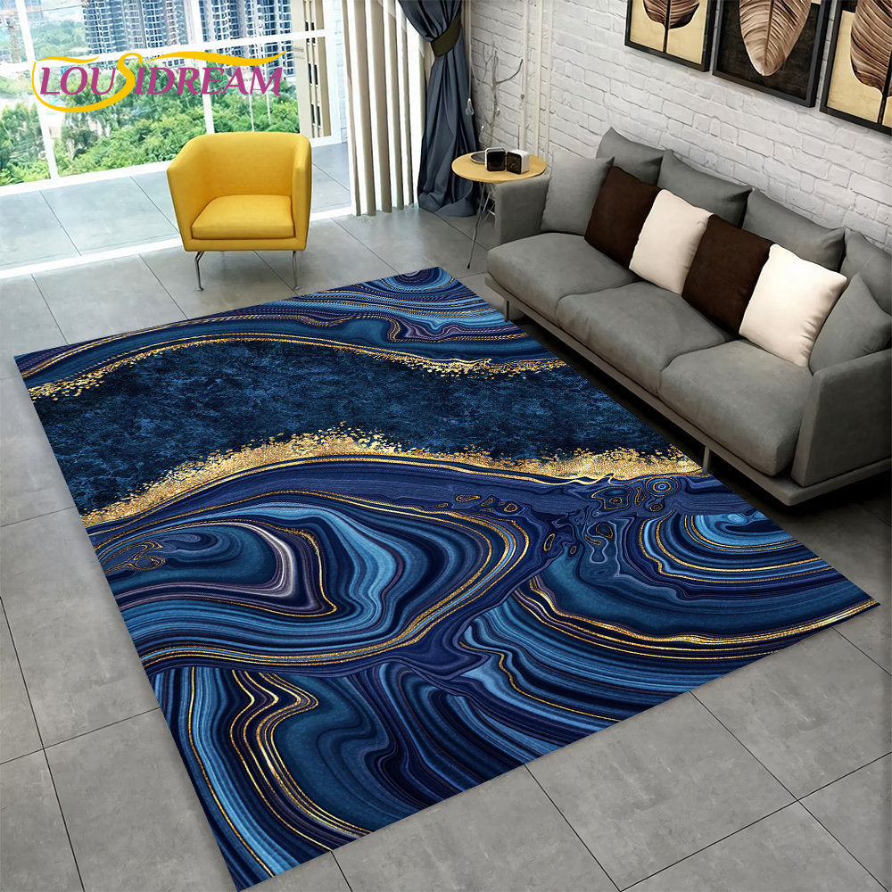 Scandinavian Blue Gold Marble Geometric Area Carpet
