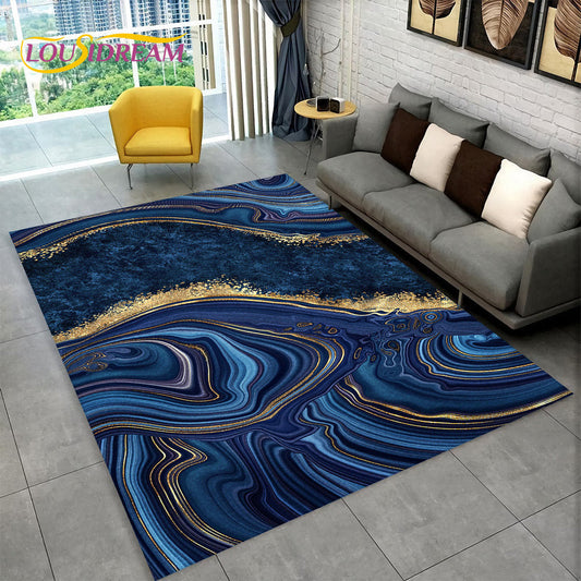 Scandinavian Blue Gold Marble Geometric Area Carpet