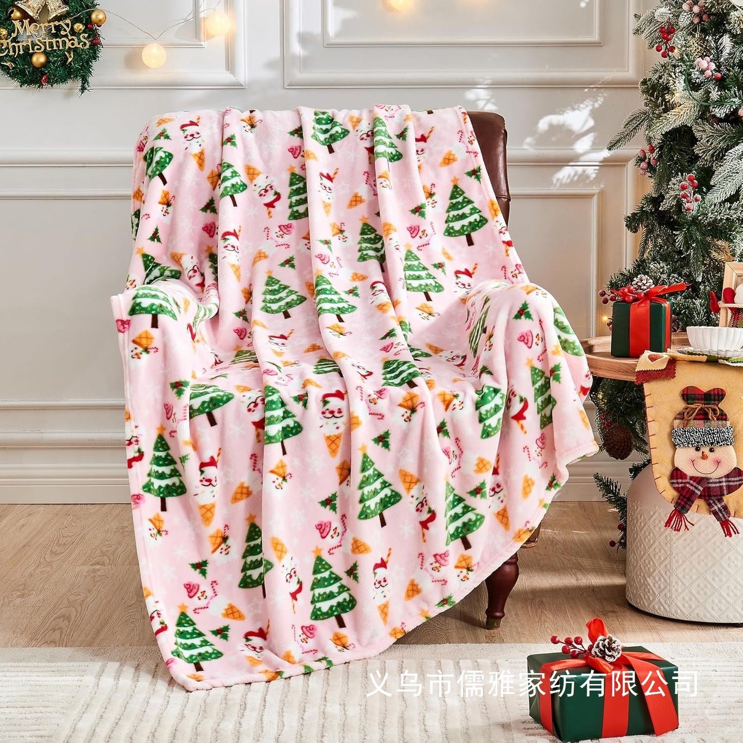 Flannel Christmas Blanket Soft Pink Blanket Christmas Theme Printed Home Living Room Bedroom Sofa Cover Blanket