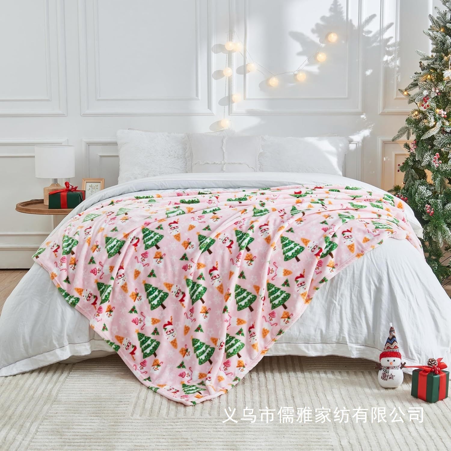 Flannel Christmas Blanket Soft Pink Blanket Christmas Theme Printed Home Living Room Bedroom Sofa Cover Blanket